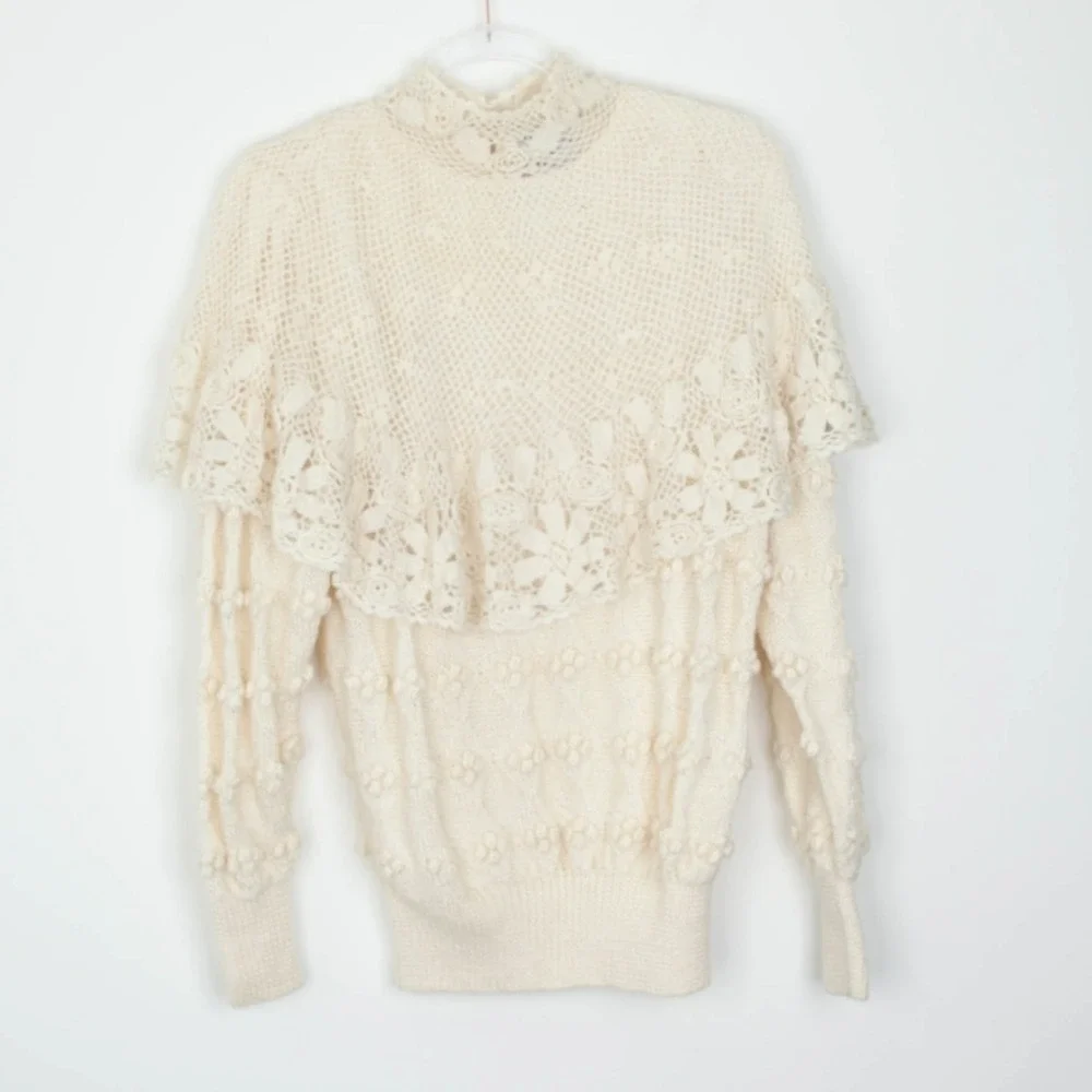 Catharine Lover‎ Womens Hand Knitted Victorian Style Wool Sweater Size L Ivory